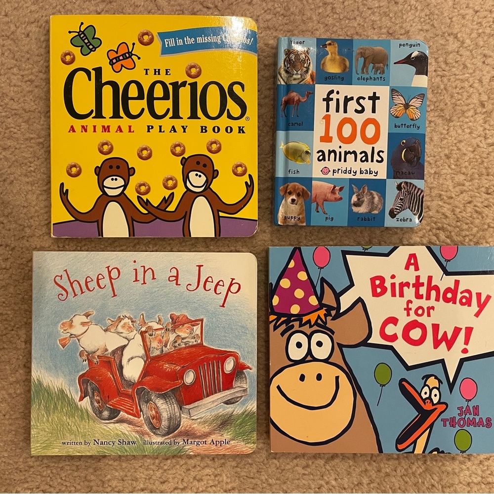 4 Baby Board Books.  Cheerios, First 100 Animals word book, A Birthday Cow